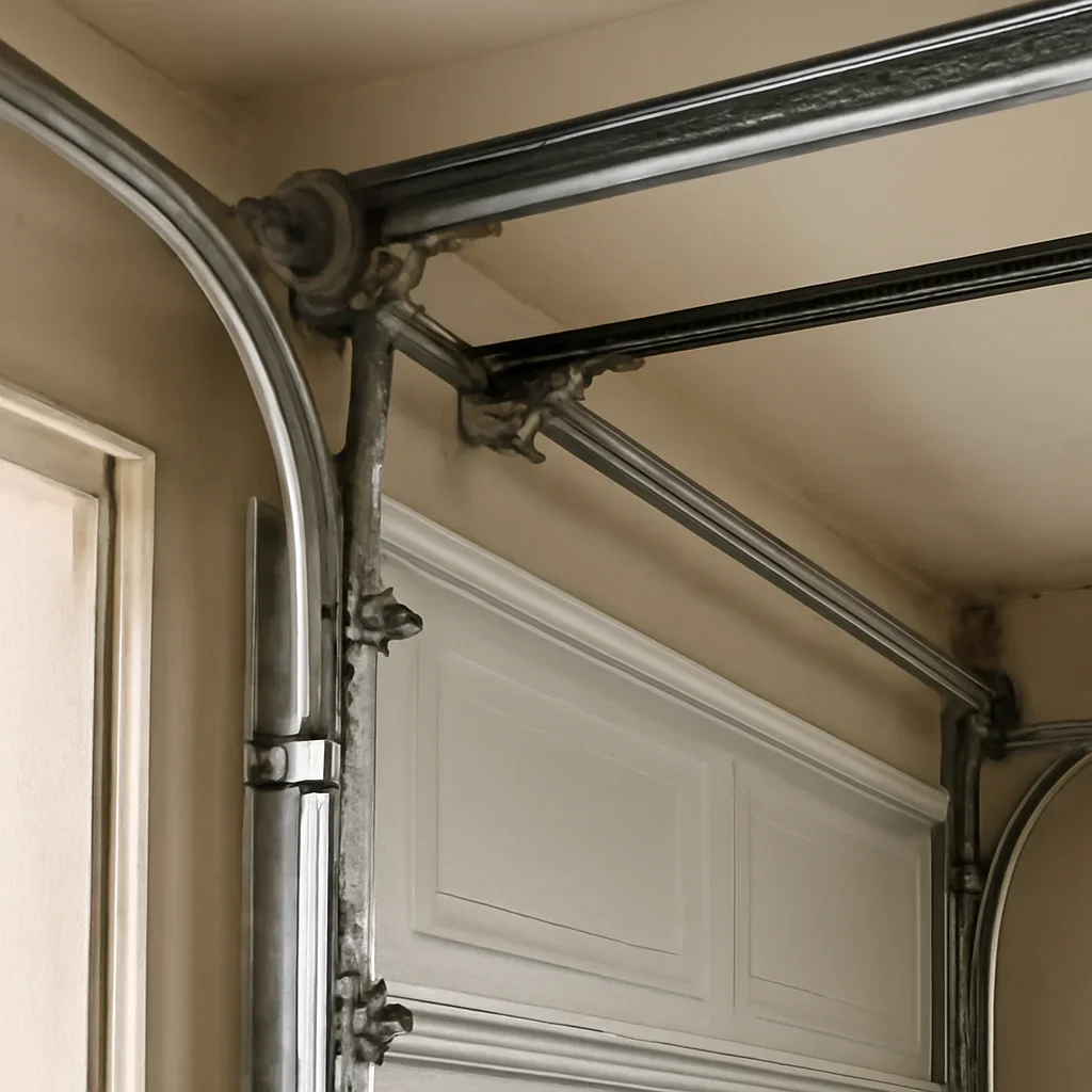 Close view of garage door opener and track components in Queen Mary Park Surrey