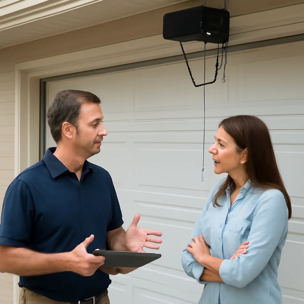 Homeowner discussing garage door opener repair in Rosemary Heights Surrey