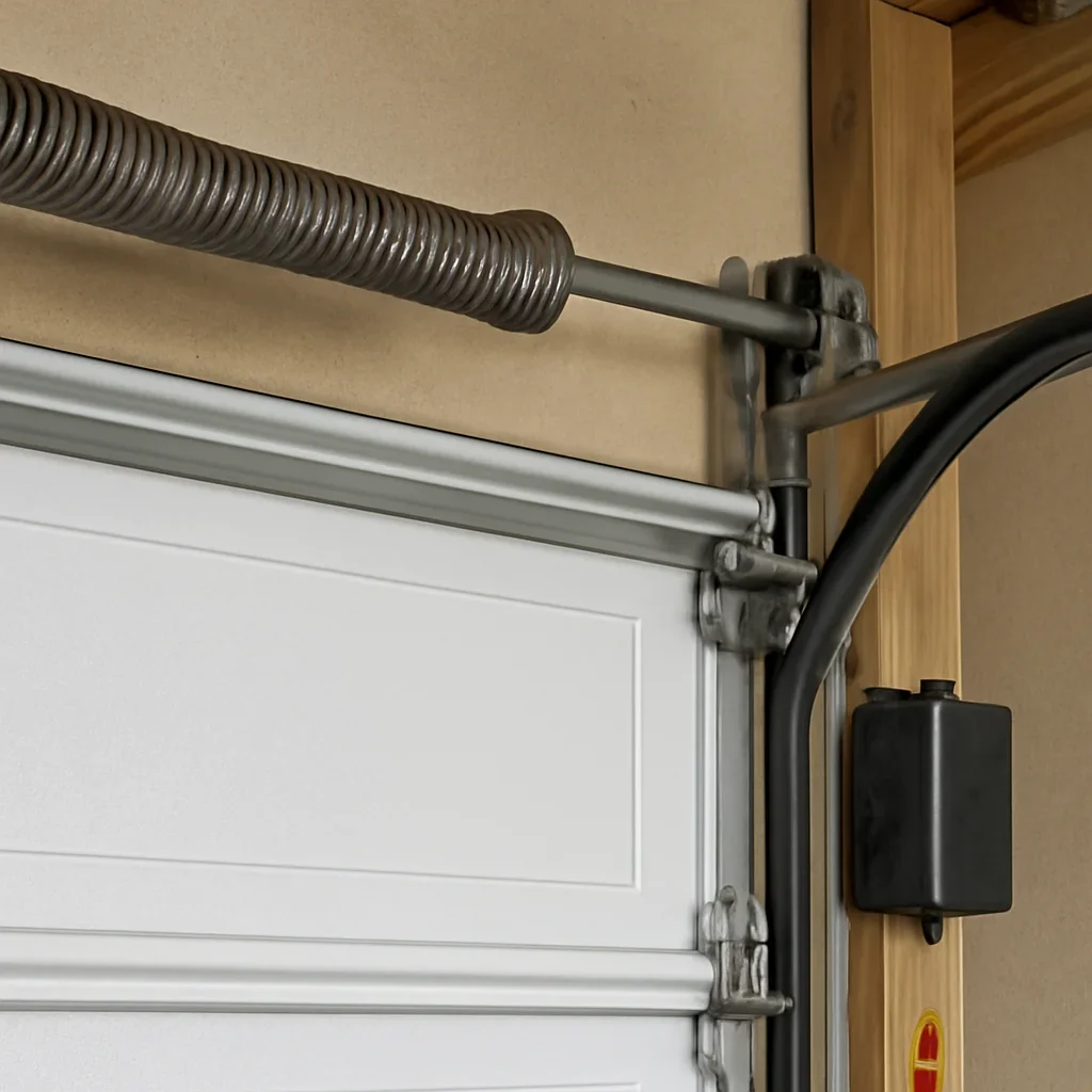 Close view of garage door opener and track components in Rosemary Heights Surrey