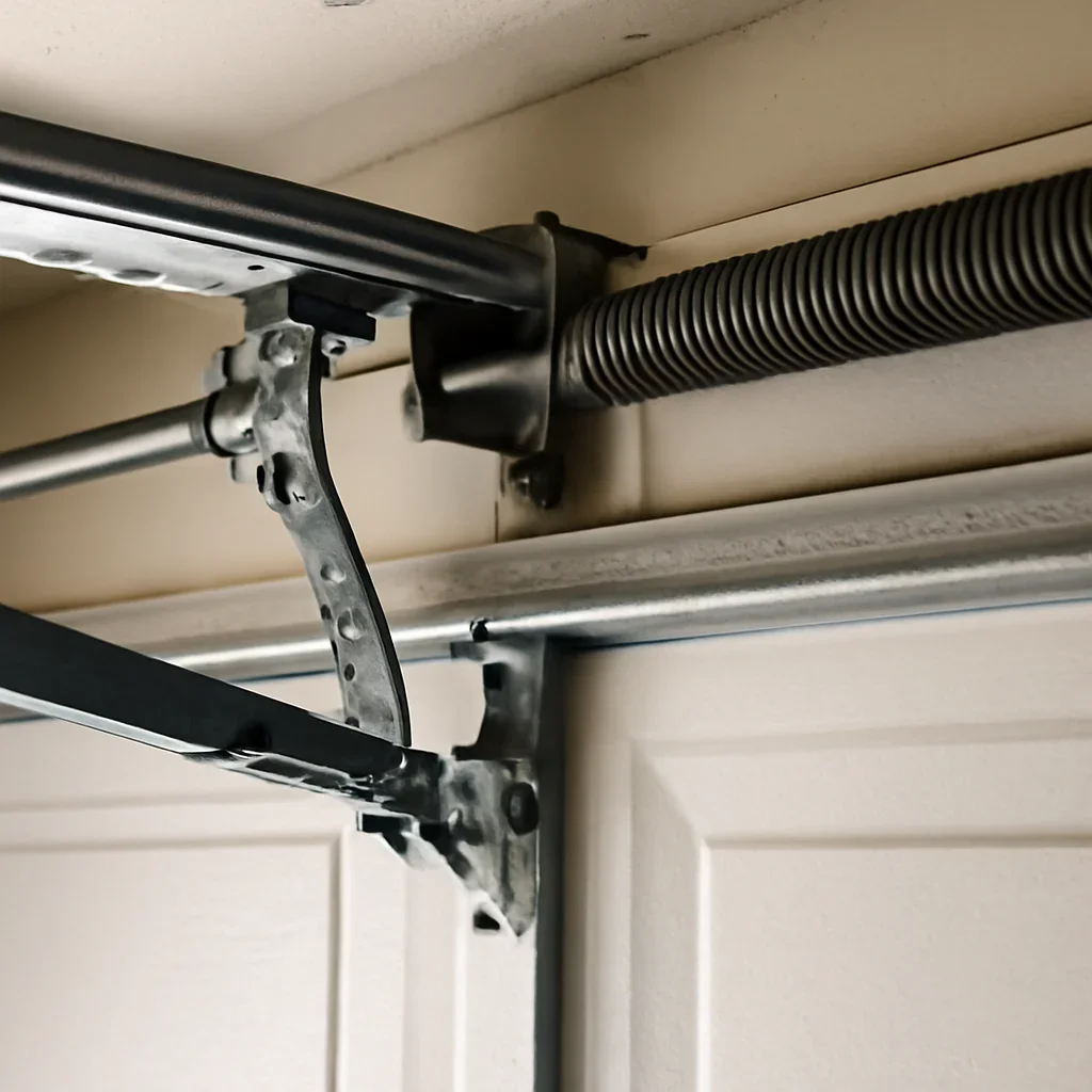 Close view of garage door opener and track components in Royal Heights Surrey