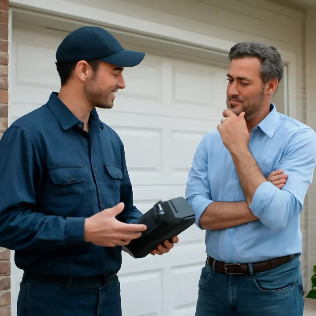 Homeowner discussing garage door opener repair in Semiahmoo Surrey