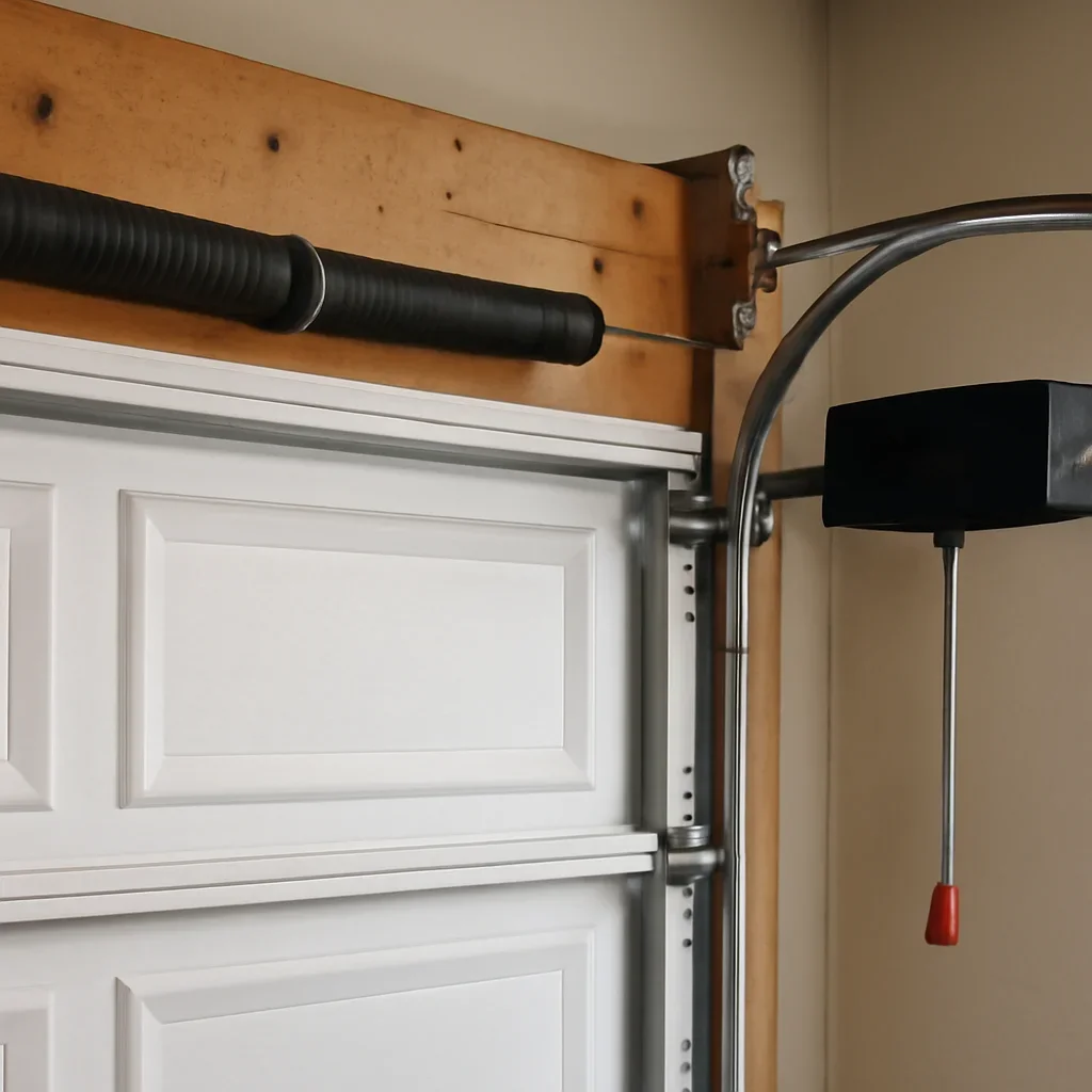 Close view of garage door opener and track components in Semiahmoo Surrey