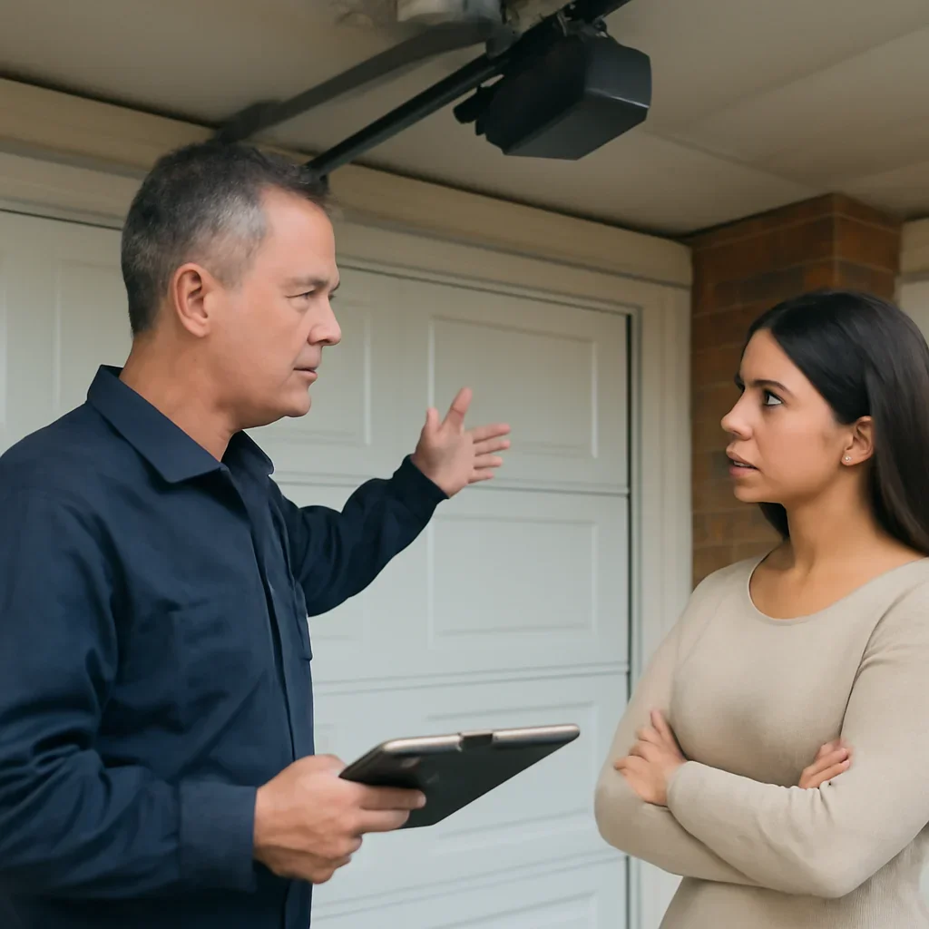 Homeowner discussing garage door opener repair in South Surrey