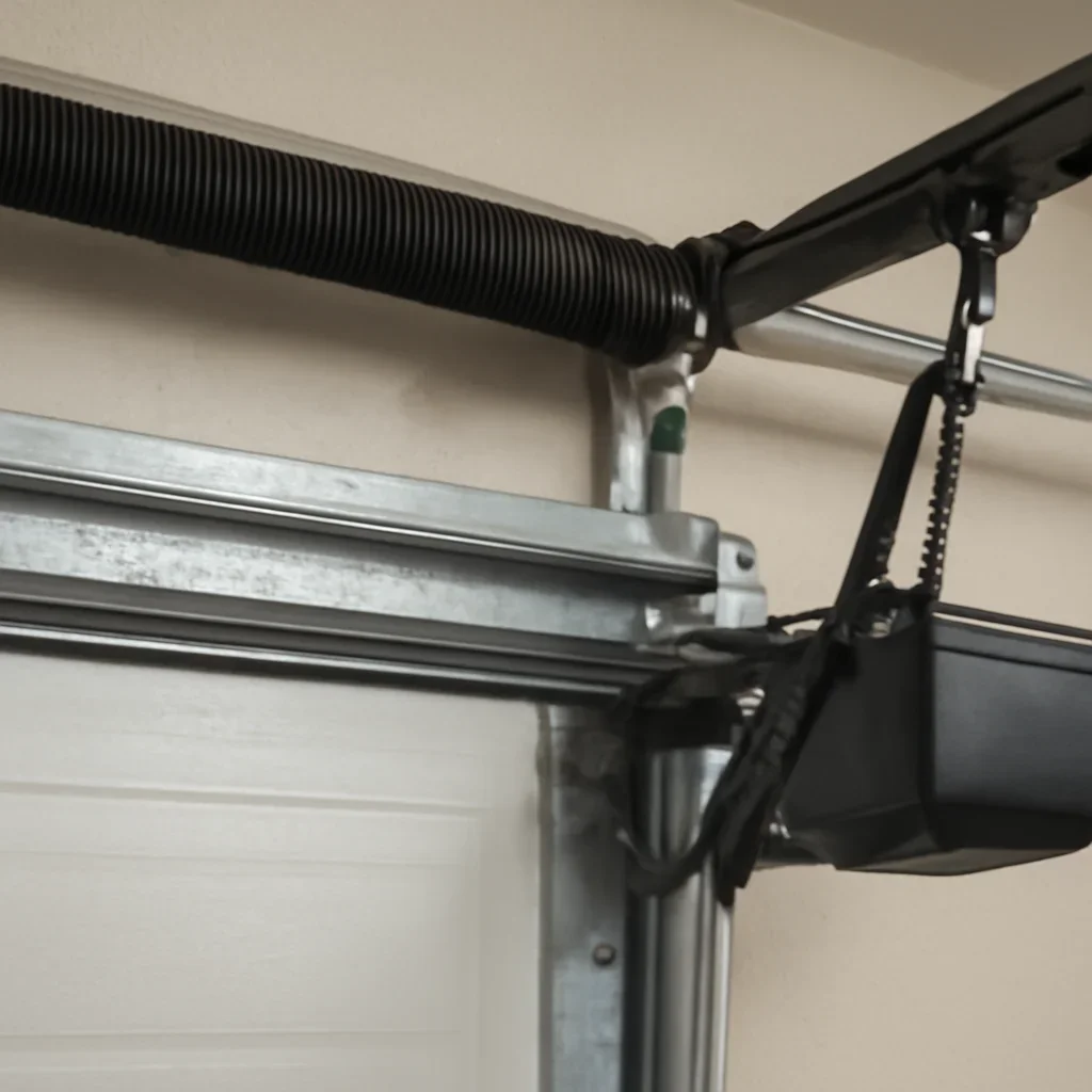 Close view of garage door opener and track components in South Surrey