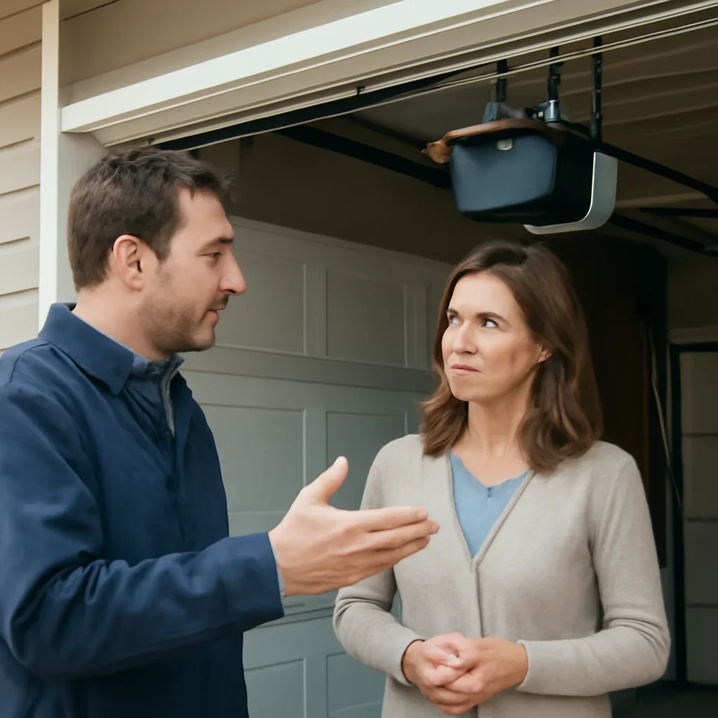 Property owner discussing garage door opener repair in South Westminster Surrey