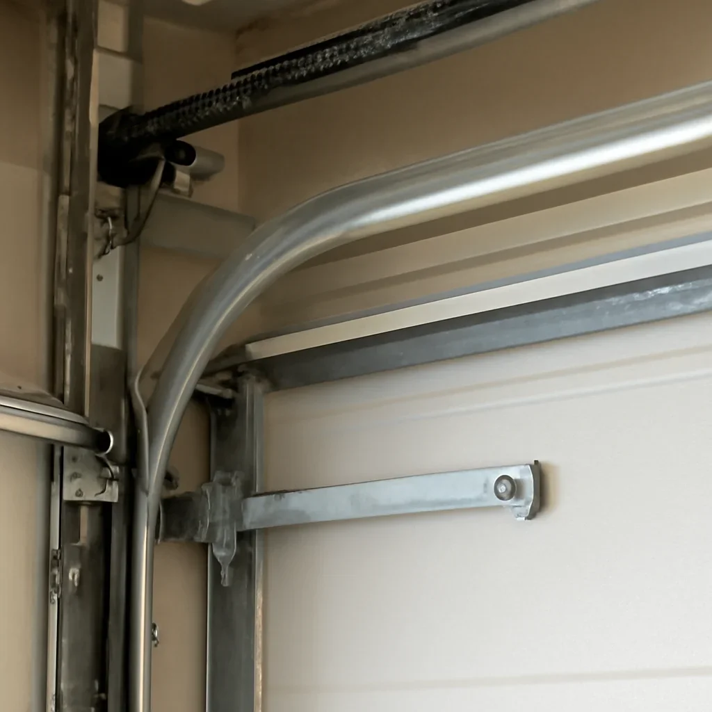 Close view of garage door opener and track components in South Westminster Surrey