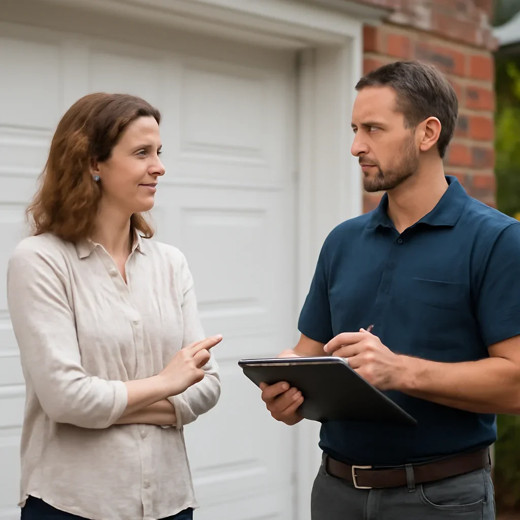 Homeowner discussing garage door opener repair in Strawberry Hill Surrey