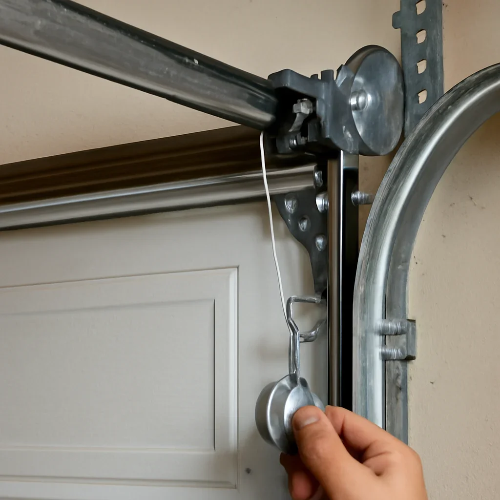 Close view of garage door opener and track components in Strawberry Hill Surrey
