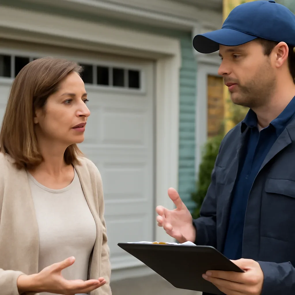 Homeowner discussing garage door opener repair in Sullivan Station Surrey
