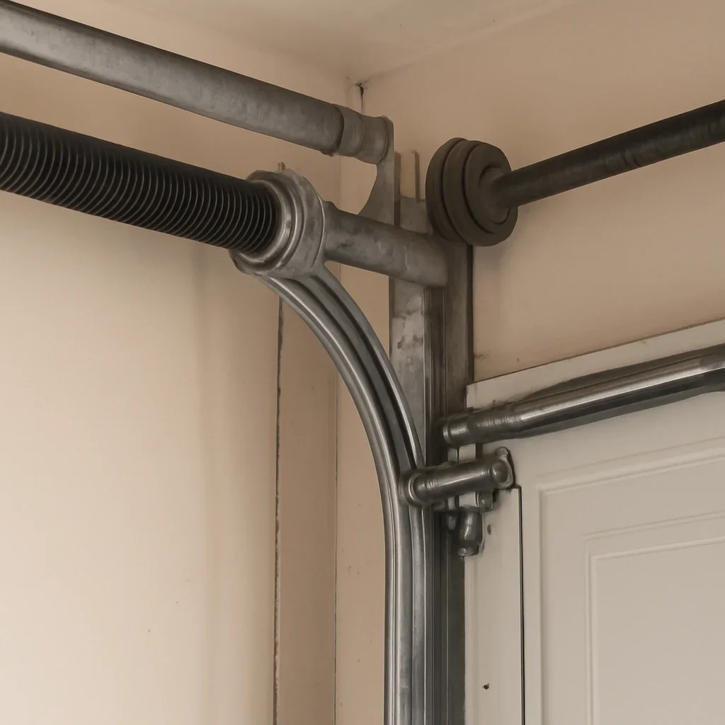 Close view of garage door opener and track components in Sullivan Station Surrey