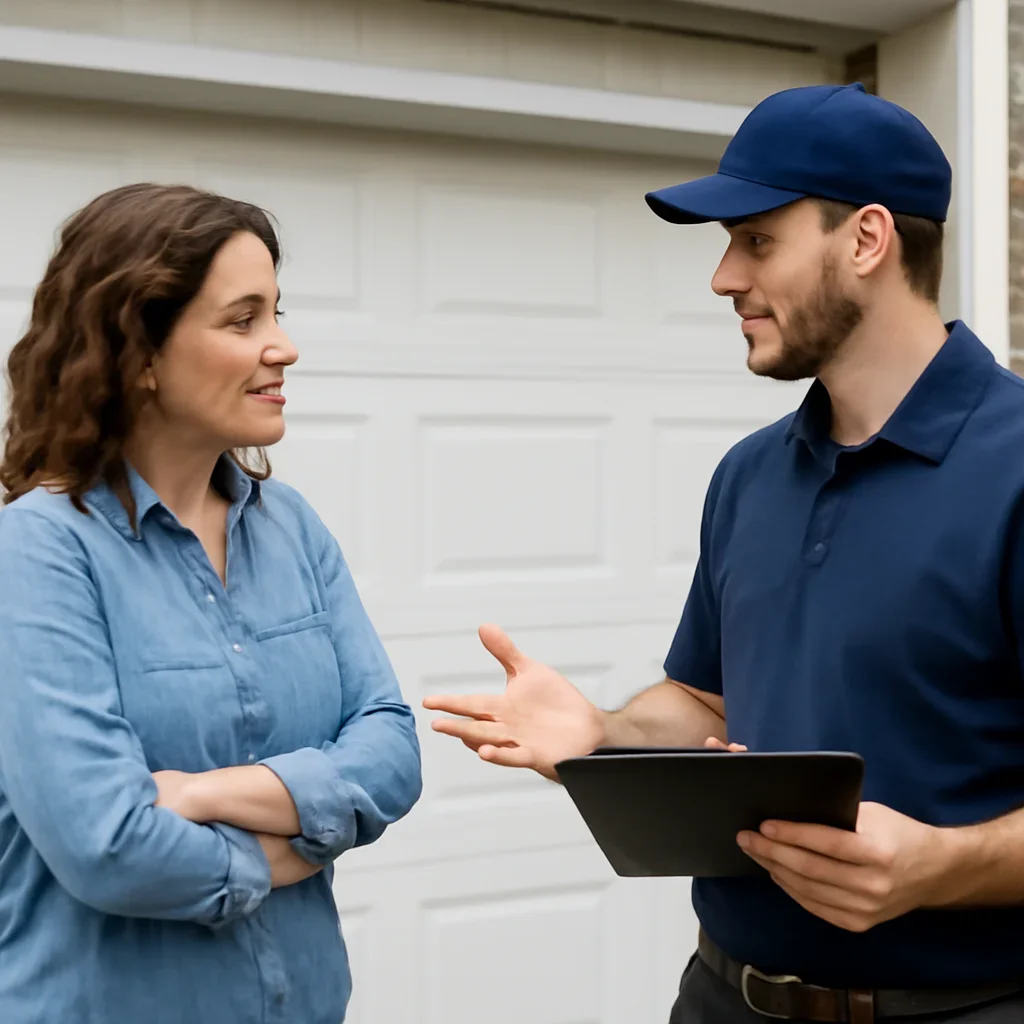 Homeowner discussing garage door opener repair in Sunnyside Surrey