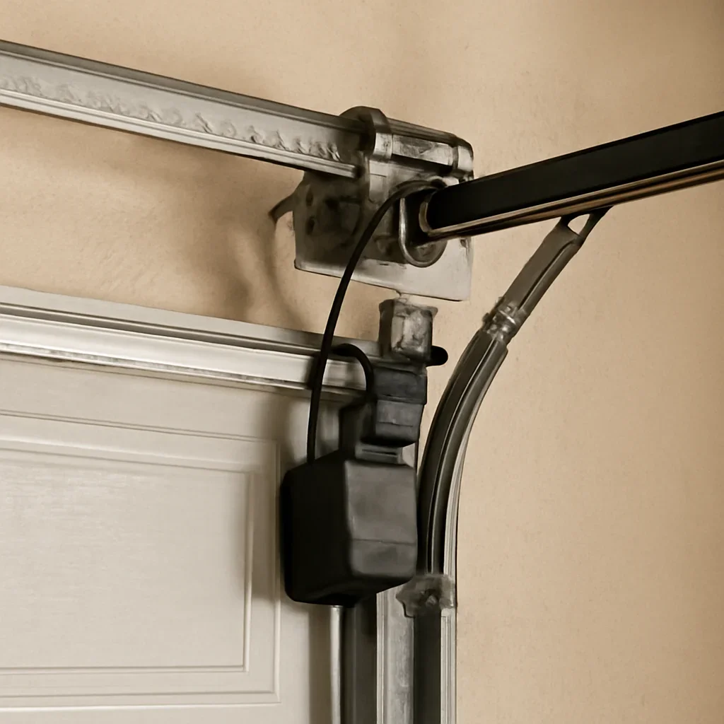 Close view of garage door opener and track components in Sunnyside Surrey