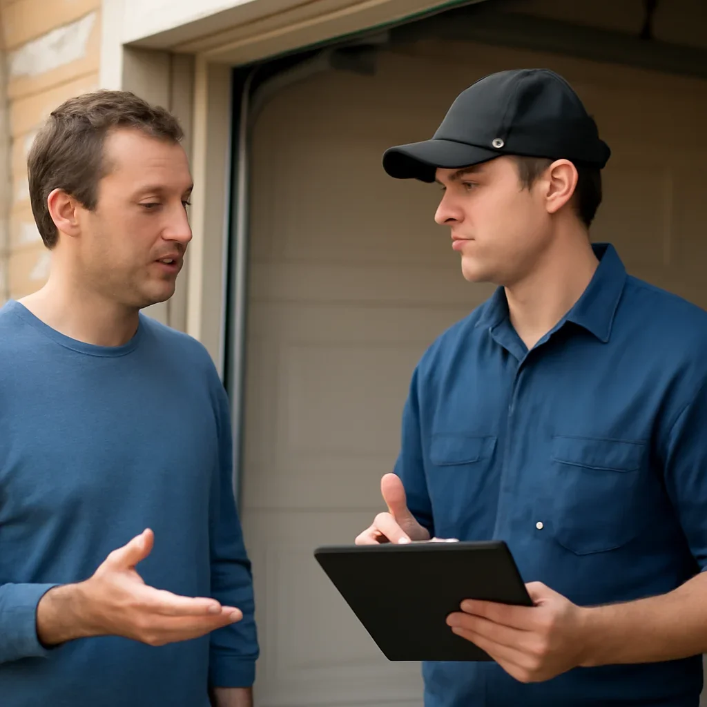 Homeowner discussing garage door opener repair in West Cloverdale Surrey