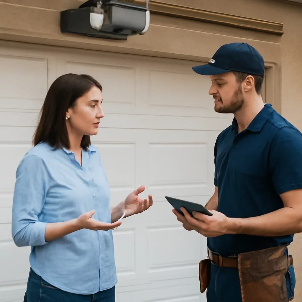 Homeowner discussing garage door opener repair in West Newton Surrey