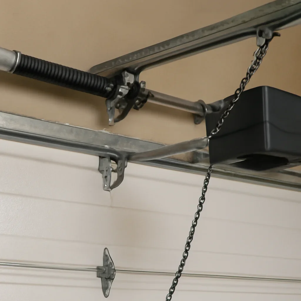 Close view of garage door opener and track components in West Newton Surrey