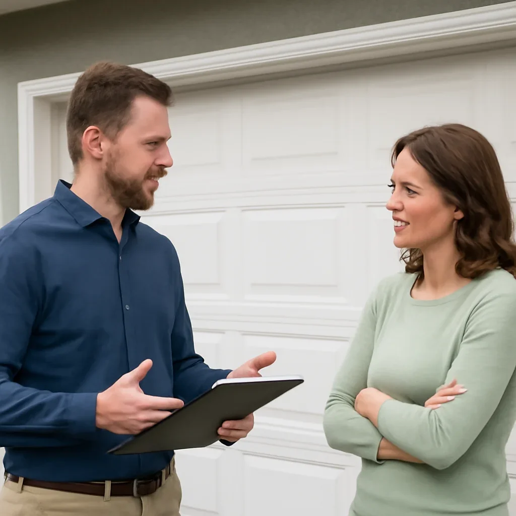 Property owner discussing garage door opener repair in Whalley and Surrey City Centre