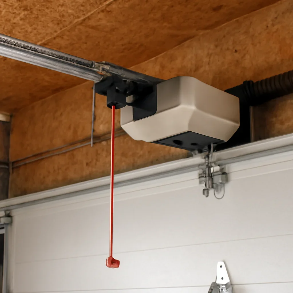 Close view of garage door opener and track components in Whalley and Surrey City Centre