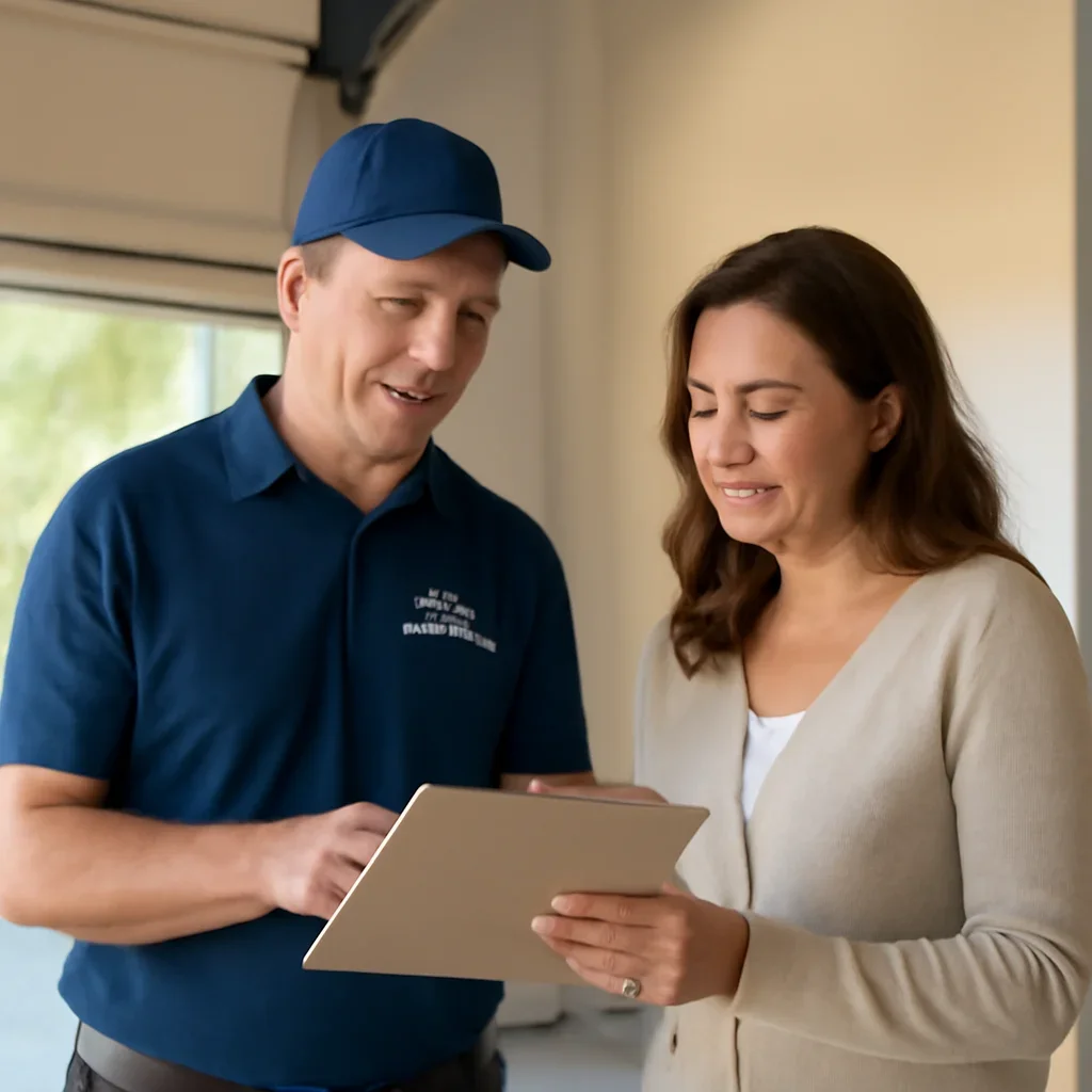 Homeowner reviewing garage door service options with a local specialist in Cloverdale