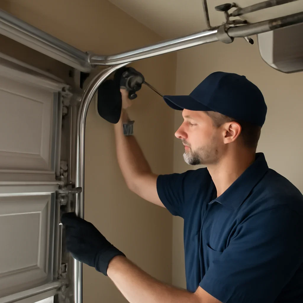 Garage door technician inspecting parts and operation for Garage Door Repair in Cloverdale Surrey: Local Guide