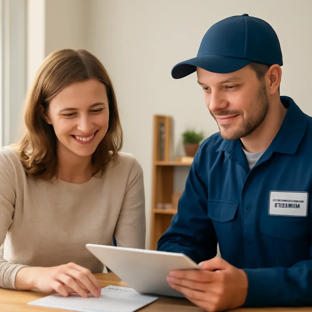 Homeowner reviewing garage door service options with a local specialist in Guildford