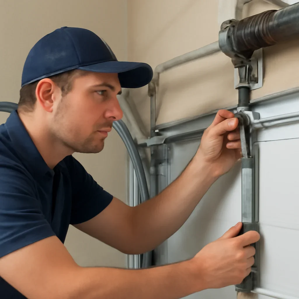 Garage door technician inspecting parts and operation for Garage Door Repair in Guildford Surrey: Common Issues