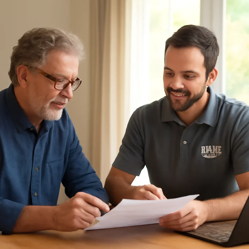 Homeowner reviewing garage door service options with a local specialist in Newton