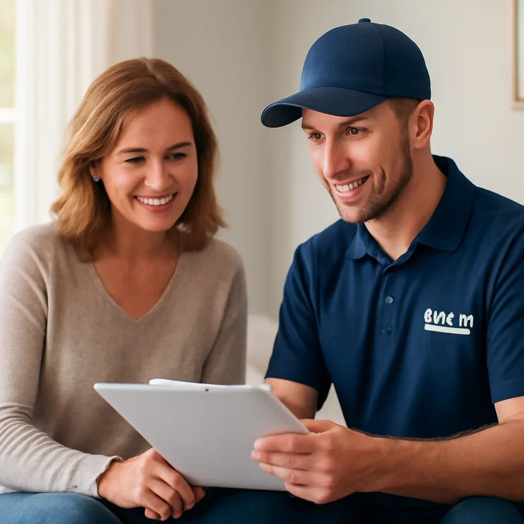 Homeowner reviewing garage door service options with a local specialist in Surrey