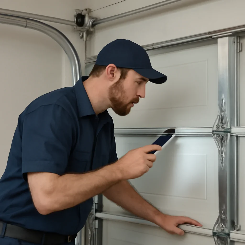 Garage door technician inspecting parts and operation for Garage Door Repair Scams to Avoid in Surrey