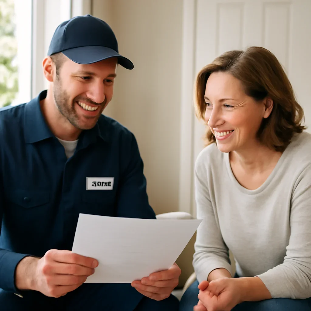 Homeowner reviewing garage door service options with a local specialist in South Surrey