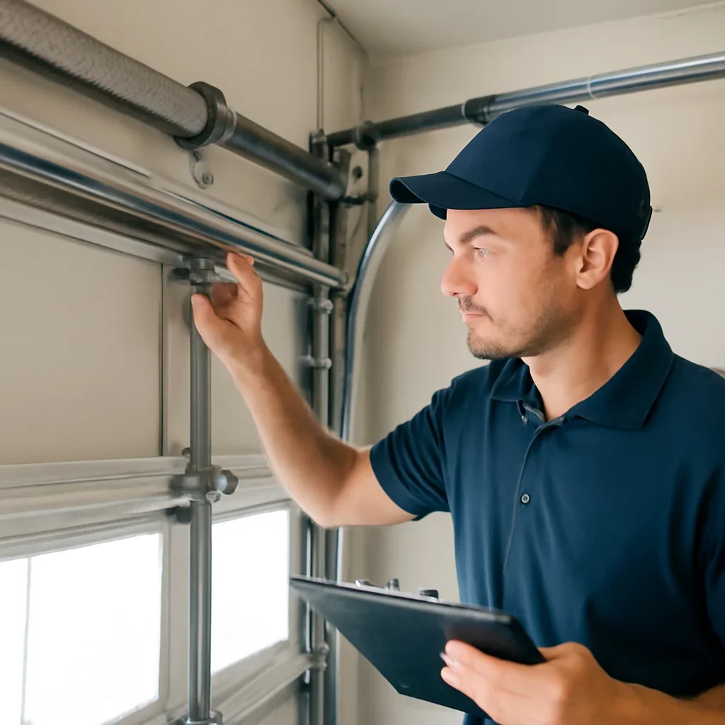 Garage door technician inspecting parts and operation for Garage Door Repair in South Surrey: Homeowner Guide