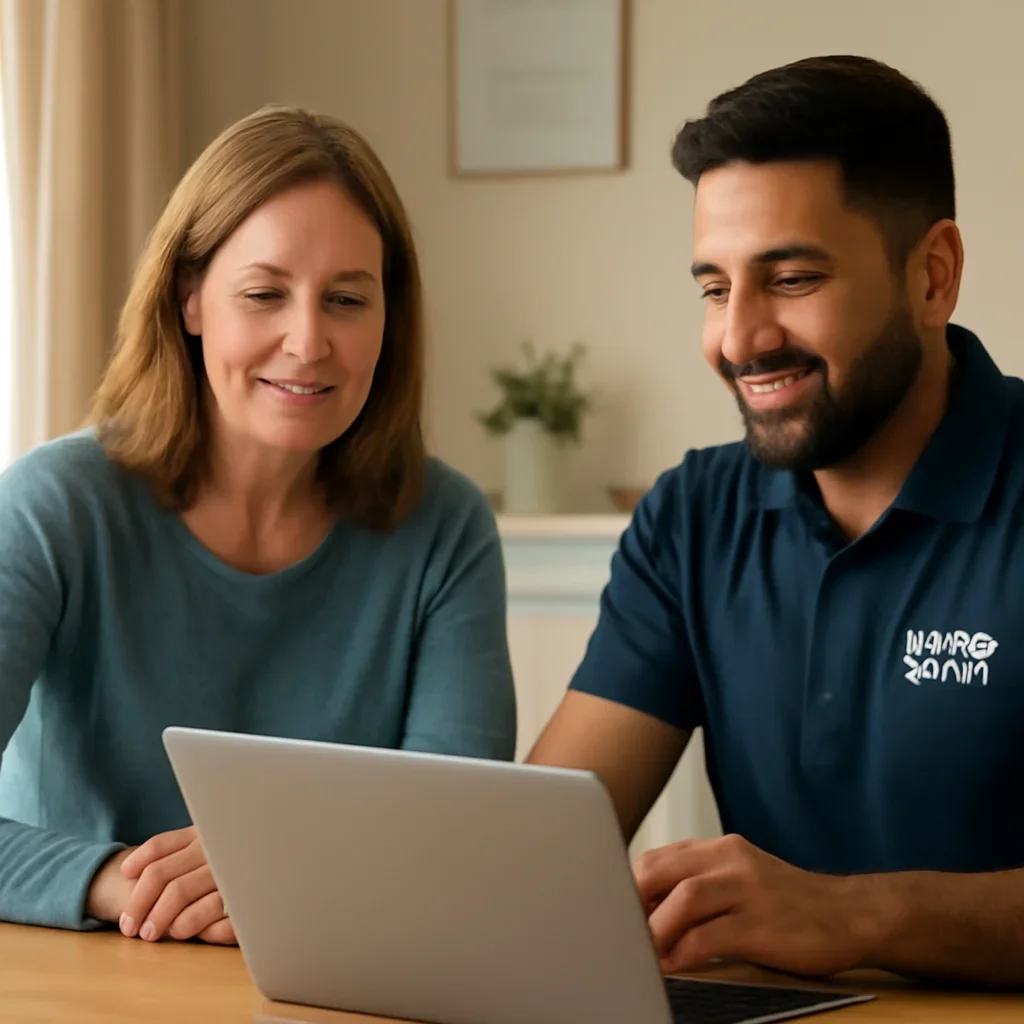 Homeowner reviewing garage door service options with a local specialist in Whalley