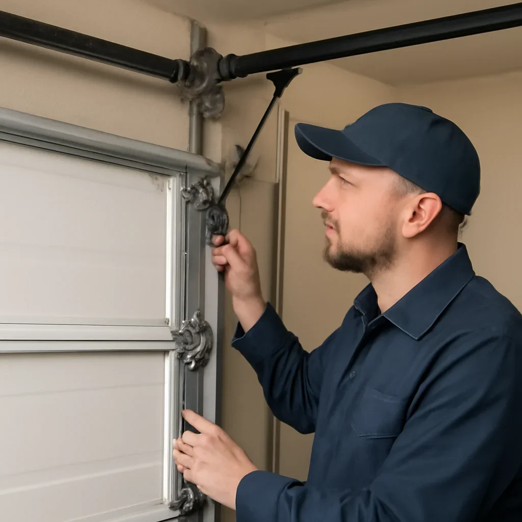 Garage door technician inspecting parts and operation for Garage Door Repair in Whalley Surrey: Service Guide