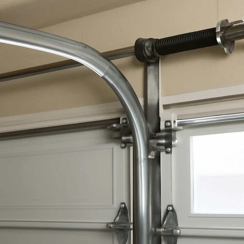 Garage door sections, tracks, and hardware being reviewed for replacement in Surrey