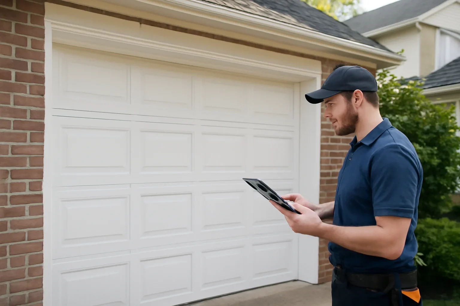 Technician reviewing a garage door replacement project at a Surrey property