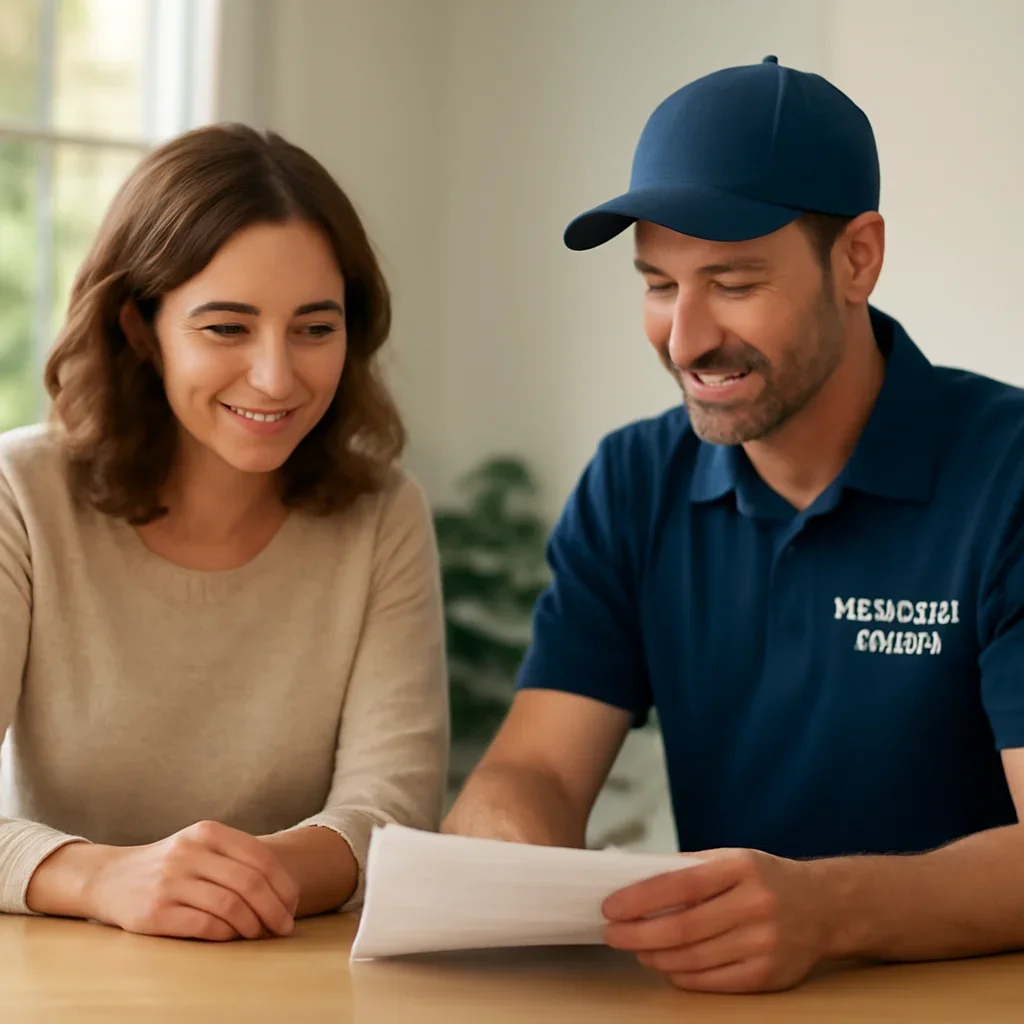 Homeowner reviewing garage door service options with a local specialist in Surrey