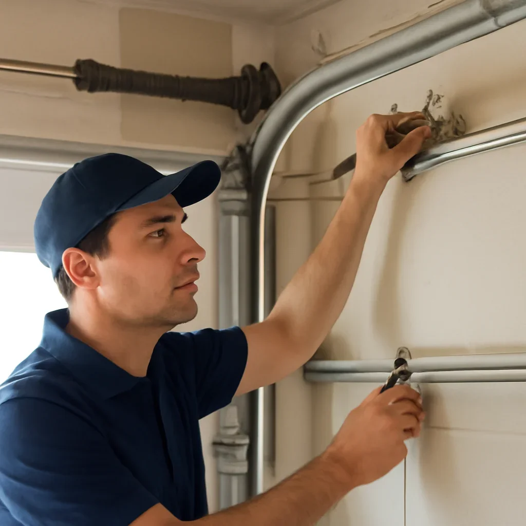 Garage door technician inspecting parts and operation for Garage Door Safety Tips for Surrey Families