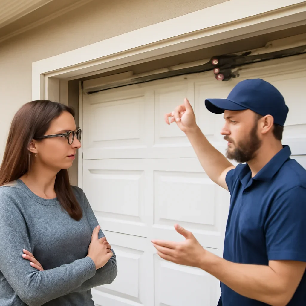 Homeowner discussing garage door spring repair in Bear Creek Green Timbers Surrey