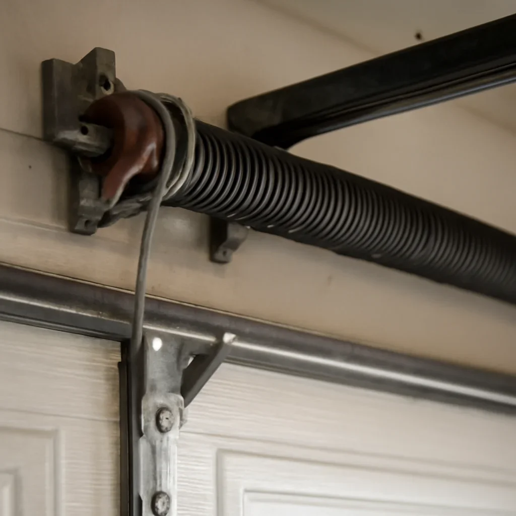 Close view of garage door spring and hardware components in Bear Creek Green Timbers Surrey