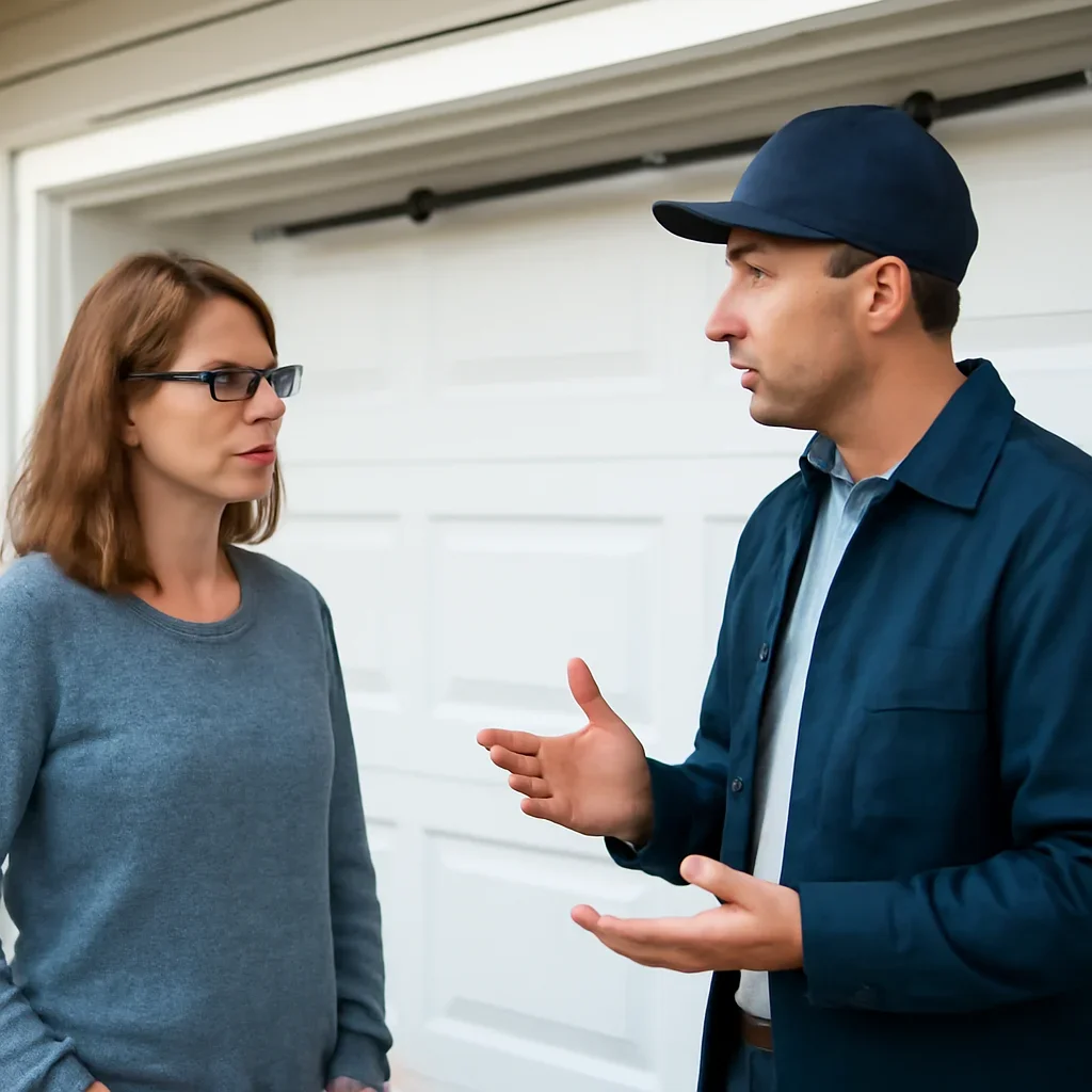 Homeowner discussing garage door spring repair in Beaver Creek Surrey