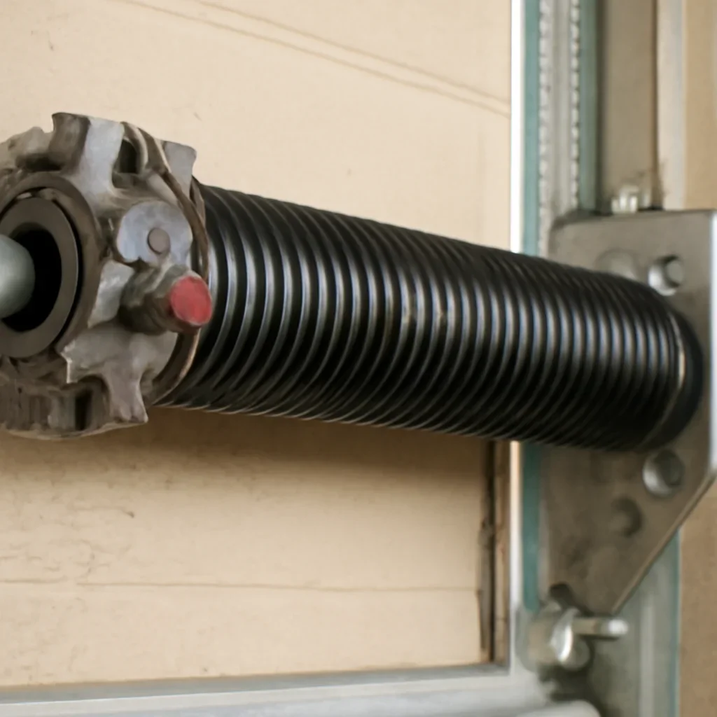 Close view of garage door spring and hardware components in Beaver Creek Surrey