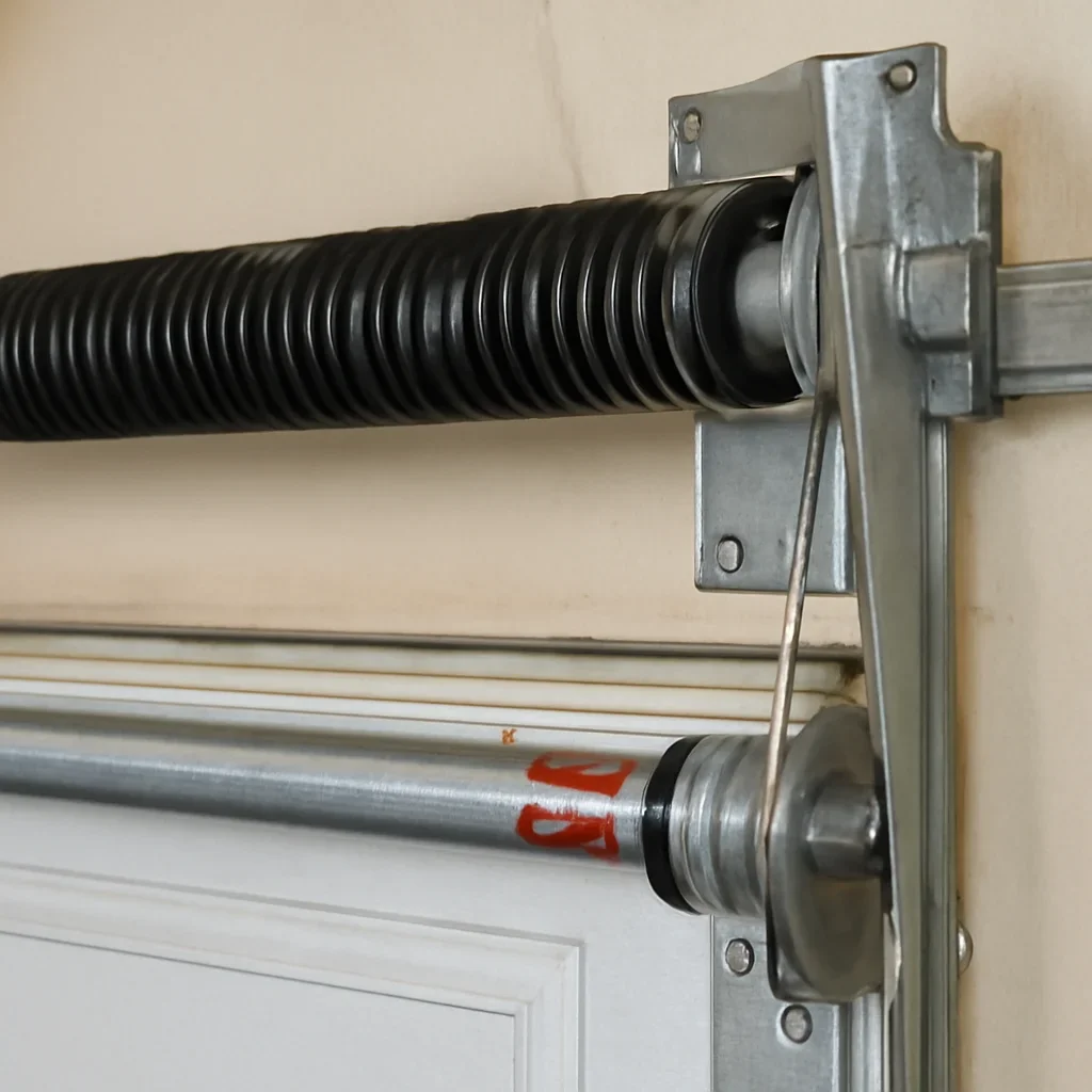 Close view of garage door spring and hardware components in Bridgeview Surrey