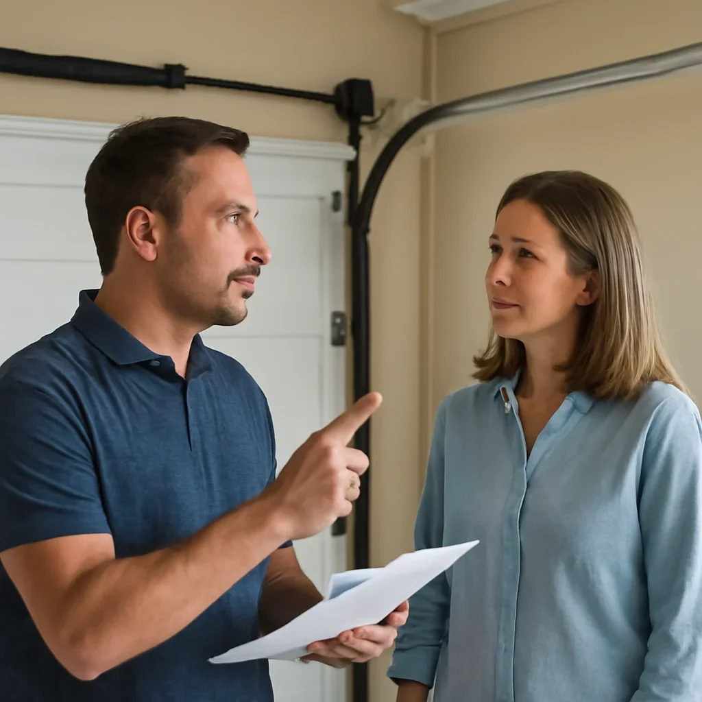 Property manager discussing garage door spring repair in Campbell Heights Surrey