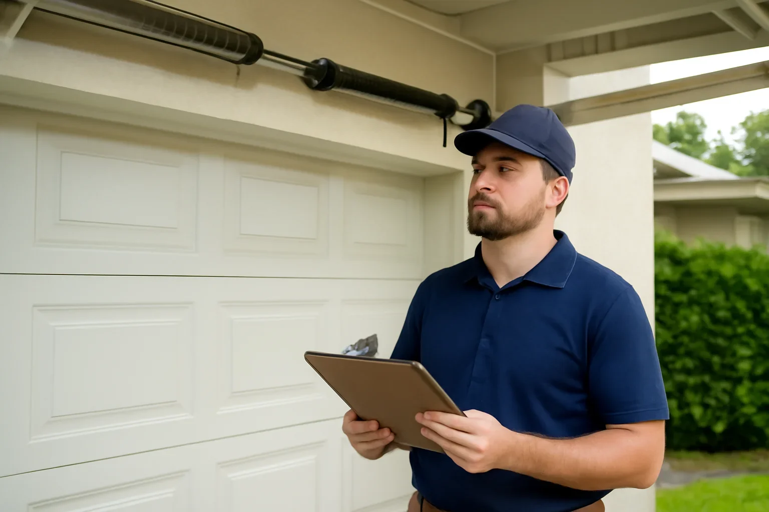 Garage door technician reviewing garage door spring repair in Campbell Heights Surrey
