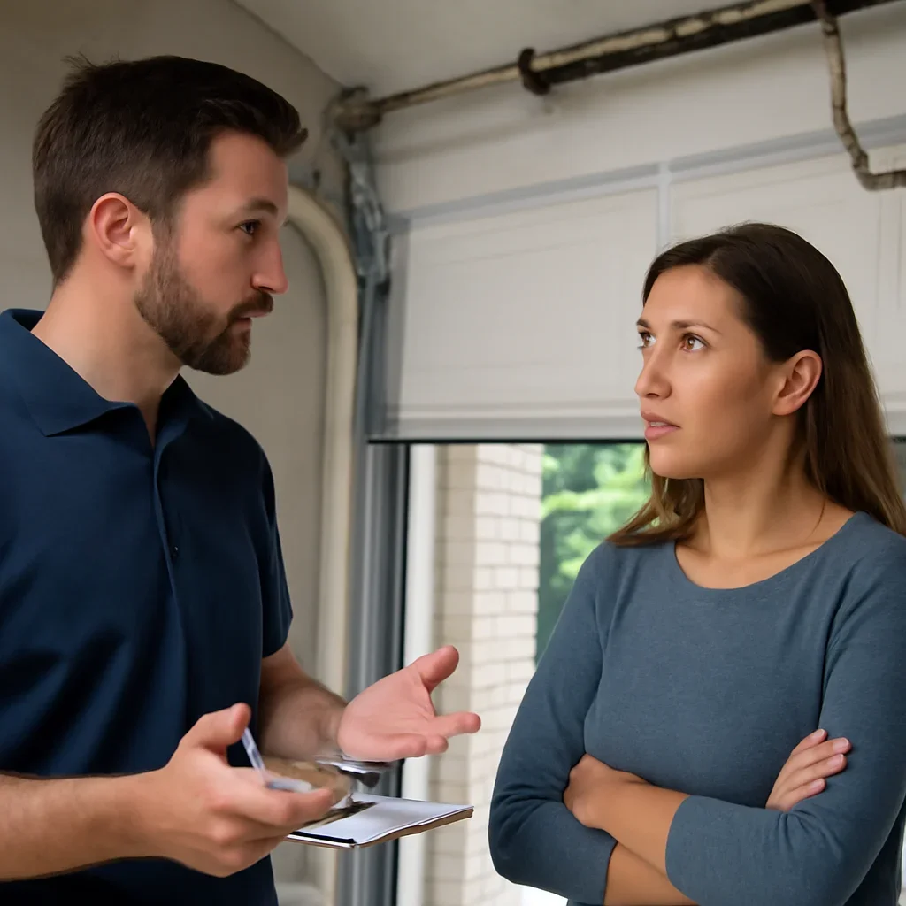 Homeowner or property manager discussing garage door spring repair in Cedar Hills Surrey