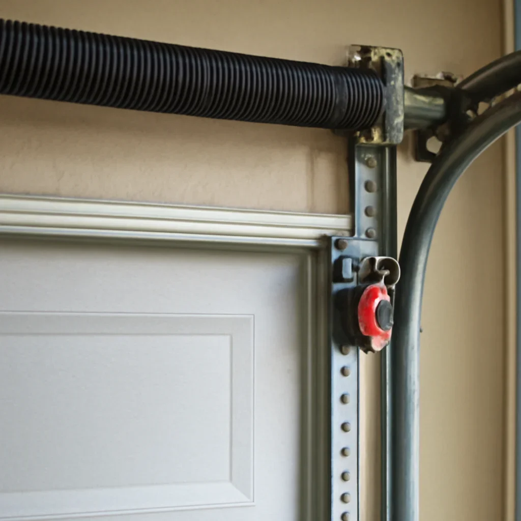 Close view of spring and lift components for garage door spring repair in Cedar Hills Surrey