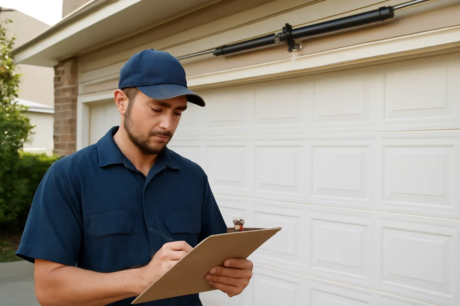 Garage door technician reviewing garage door spring repair in Cedar Hills Surrey