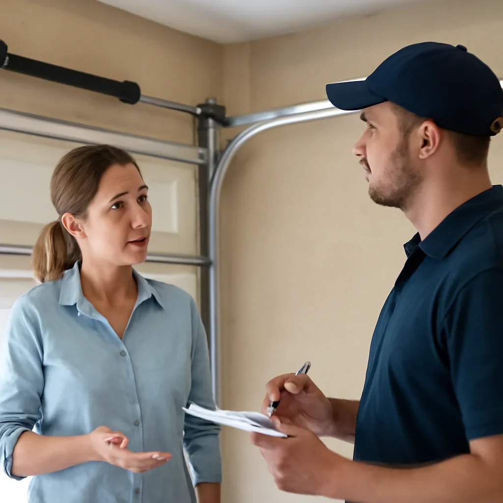 Homeowner or property manager discussing the next step for garage door spring repair in Chimney Hill Surrey