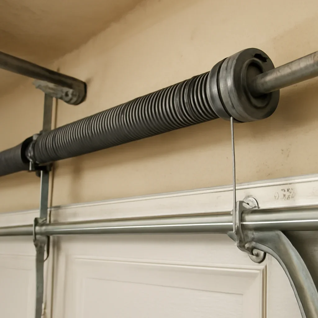 Close view of garage door components related to garage door spring repair in Chimney Hill Surrey