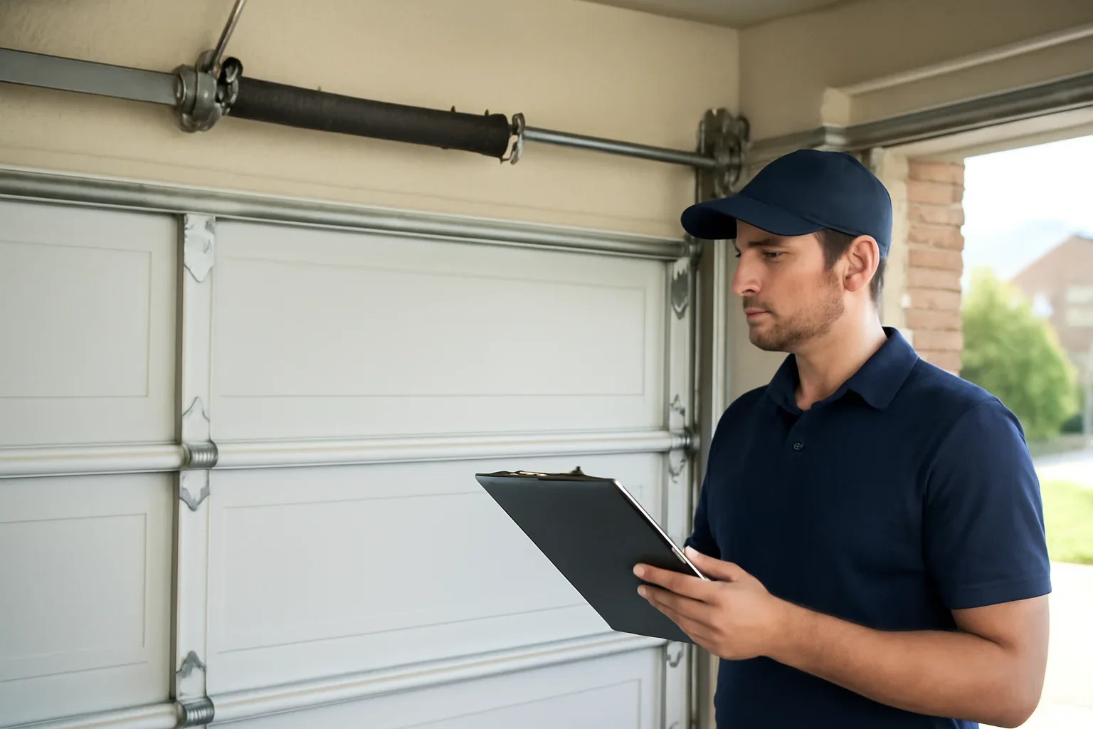 Garage door technician reviewing garage door spring repair in Chimney Hill Surrey at a local property