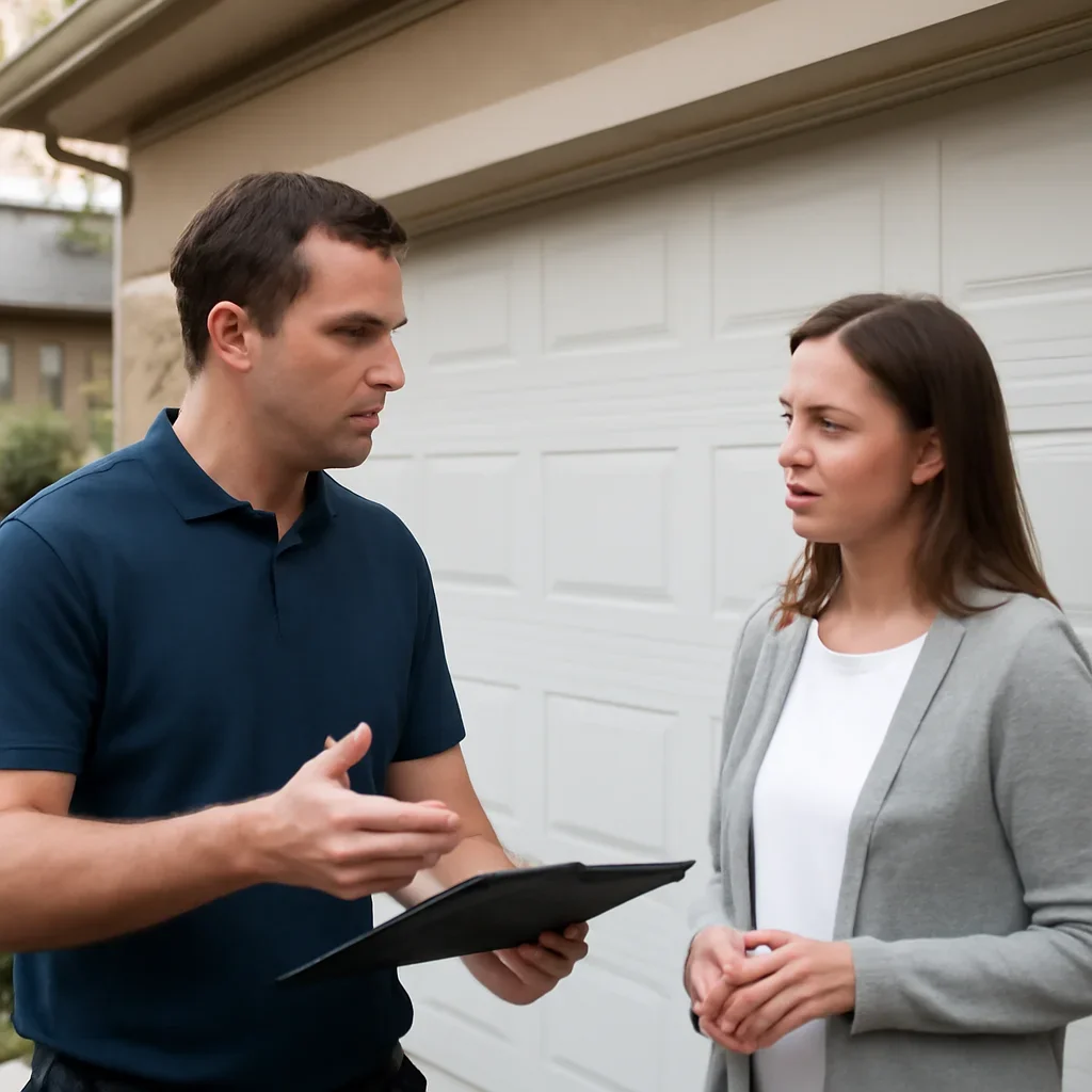 Homeowner or property manager discussing the next step for garage door spring repair in Clayton Heights Surrey